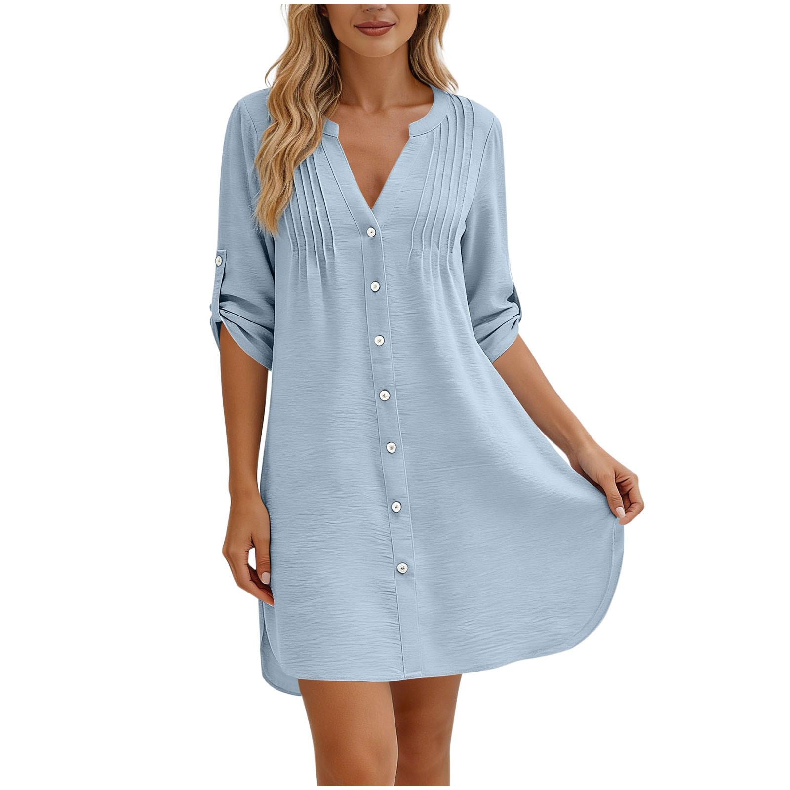 

Women s Striped Shirt Dress Short Sleeve Button Front Casual Loose Fit Dress With Pockets S