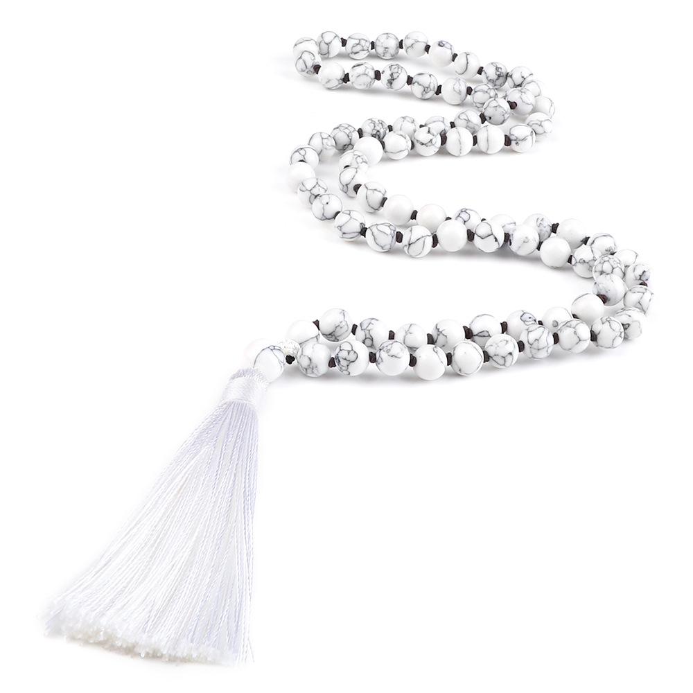 European 8mm Stone Bead Tassel Necklace and Multi-Strand Buddhist Bead Bracelet