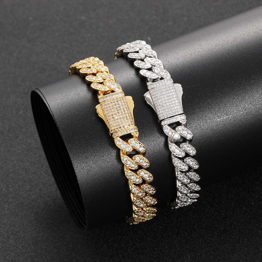 Fashion Hip Hop Jewelry Single Row Zircon Iced Out Spring Clasp 10mm Brass Cuban Link Chain Bracelet for Women and Men