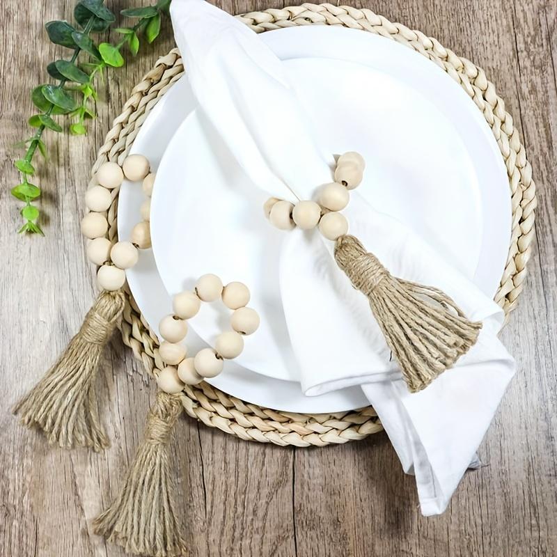 European American Pastoral Napkin Rings 6 Pcs Wood Bead Fringe Hand Woven Twine Napkin Buckle Set