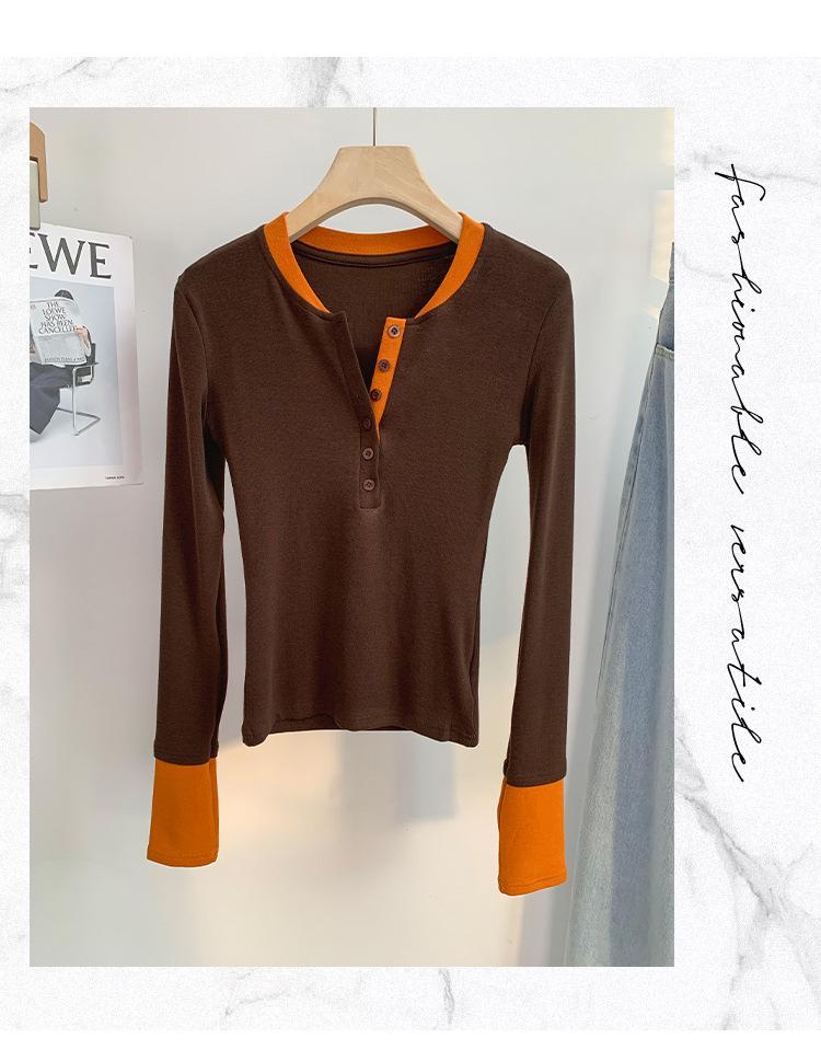 Stylish Contrast Color Faux Two-Piece Long-Sleeve Top for Women