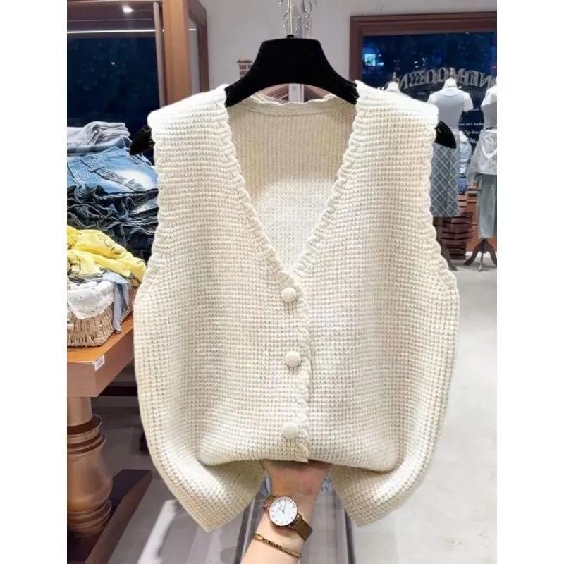 Women Spring V-neck Sleeveless Knitted Vest Fall Solid Color Loose Simple Tops