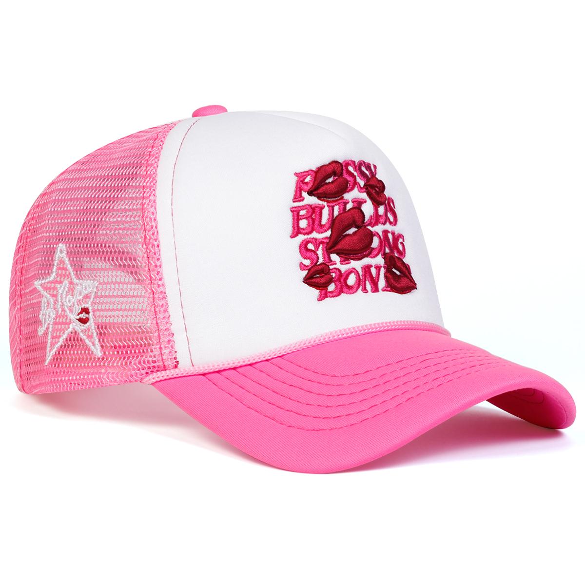 

Унисекс вышивка губ Боковая пентаграмма Регулируемая сетчатая бейсболка хип-хоп кепки Весна Лето Уличные шляпы для отдыха Дорожные аксессуары для женщин мужчин ярко-розовый/белый