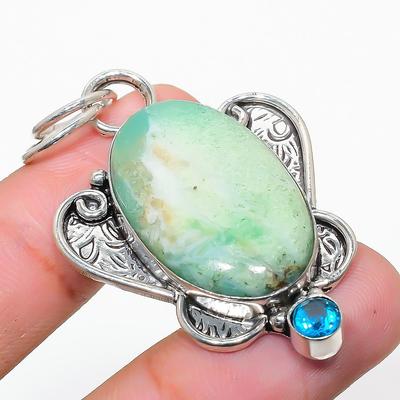 Natural Chrysoprase, Blue Topaz Gemstone 925 Sterling Silver Pendant 2.09" v3O50