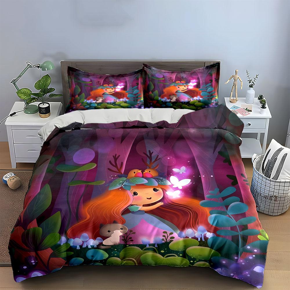 Fairy Forest Illustration Set Soft Comfortable Duvet Cover Bedding Set Included 1*Duvet Cover & 2*Pillowcases, Gift