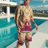 Summer Trend Men's Casual Beach Shorts Short Sleeve Suit 3d Printed Color Gradient Retro O Collar 2 Piece Set Fashionable Casual