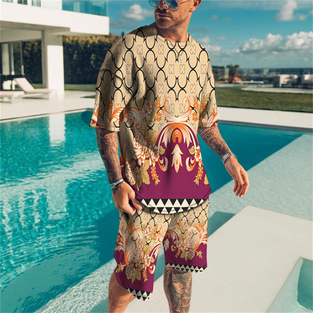 Summer Trend Men's Casual Beach Shorts Short Sleeve Suit 3d Printed Color Gradient Retro O Collar 2 Piece Set Fashionable Casual