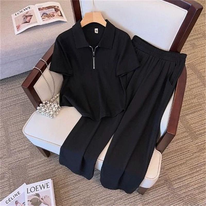 Plus Sizepolo Collar Short Sleeved T-shirt Top Wide Leg Pants Two-piece Set Elegant Women's Casual Temperament Set