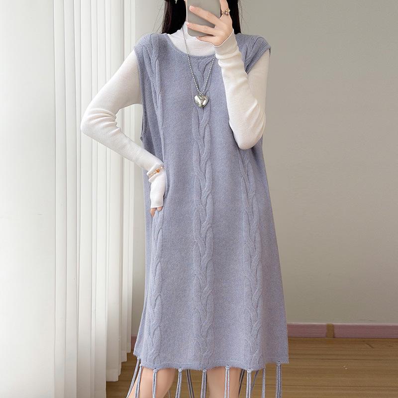 100% Wool Sleeveless Tassel Knit Dress - Long, Round Neck, Autumn Slimming Loose Fit