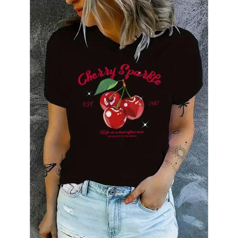 Summer Round Neck 3D Cherry Print Top Fashionable Casual Short Sleeved Women's T-shirts