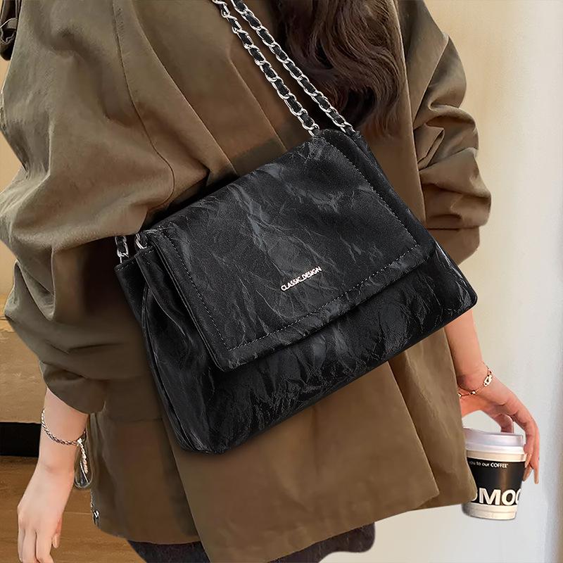 

ins wind black pleated soft leather women s bag simple chain shoulder messenger bag Korean versatile large-capacity tote bag чёрный