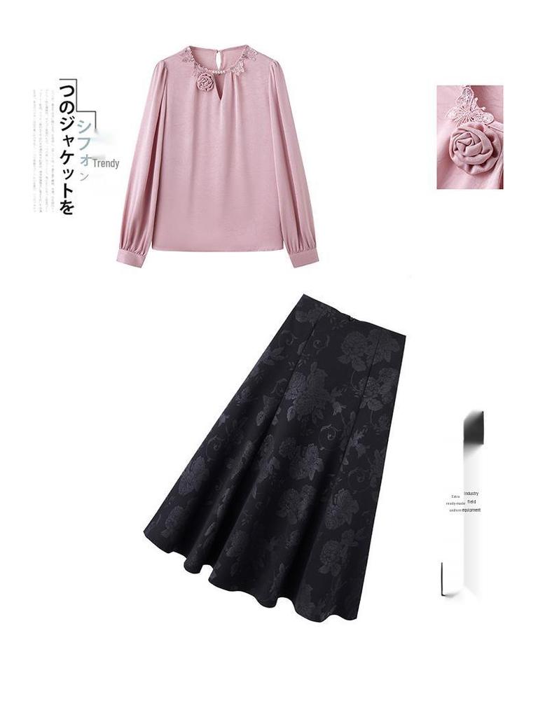 Spring 2025 Lace Butterfly Patchwork Two-Piece Set: Long Sleeve Shirt & Midi Skirt