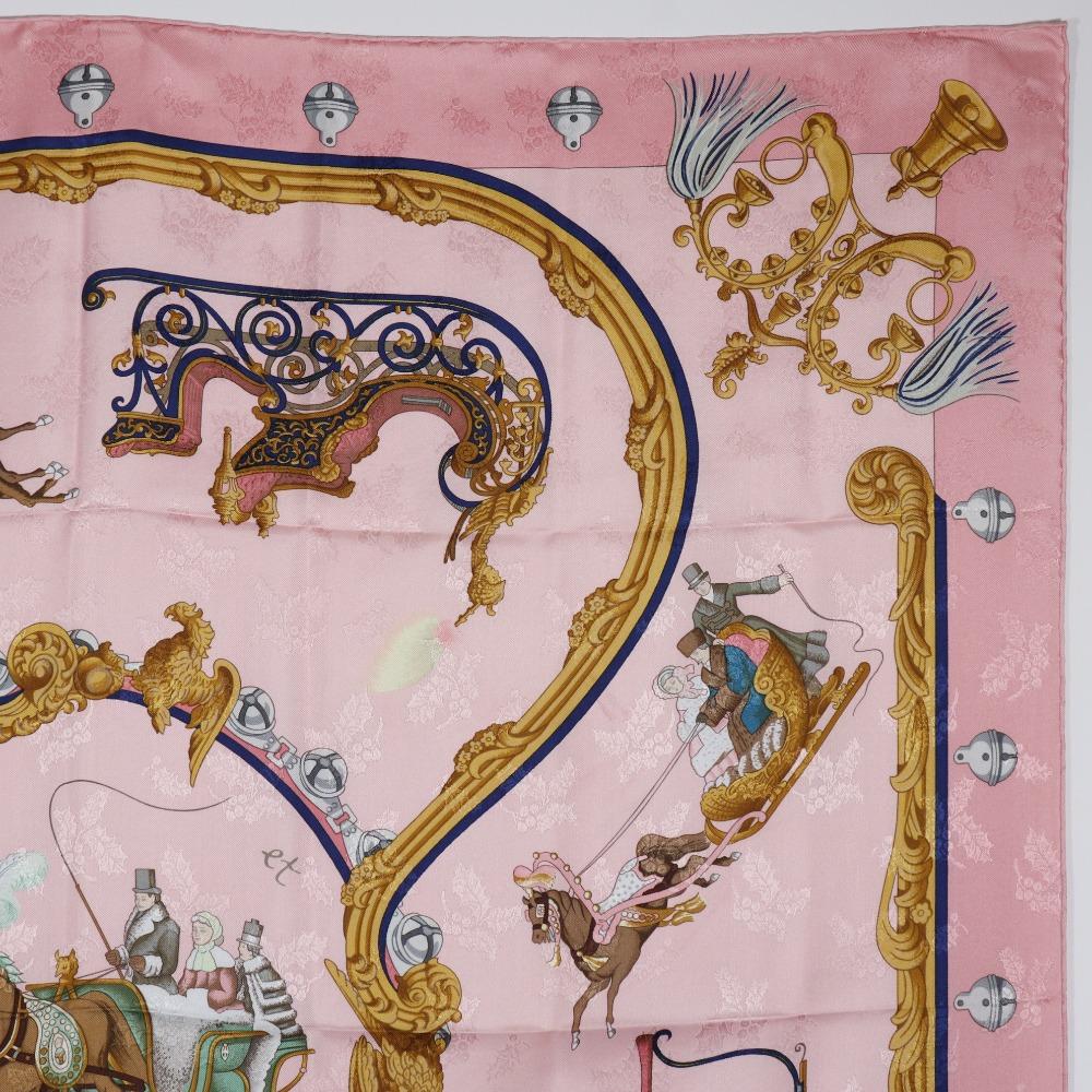 Hermes Carree90 Scarf Plumes Et Grelots Feather and Bell Pink Silk Women Used