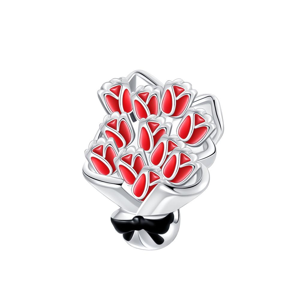 925 Silver Red Rose Bud Sunflower Bouquet Dangle Tulip Daisy Charms Sweet Beads Cherry Blossom Delicate Floral Girl Gift Jewelry