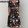 IHUASU 30 Color Pleated Midi Dress Short Sleeve Round Neck Loose Hem Mid-Calf Length Women Floral A-Line Party Dress Casual Wear