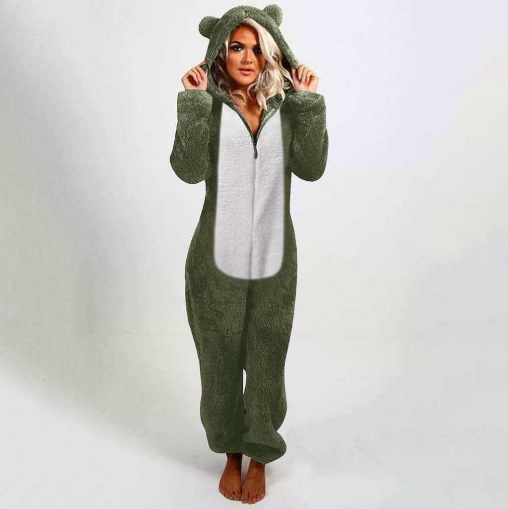 Women's Fashion Fleece-Lined Thickened Fleece Hooded Pyjamas With Zip-Up Onesie