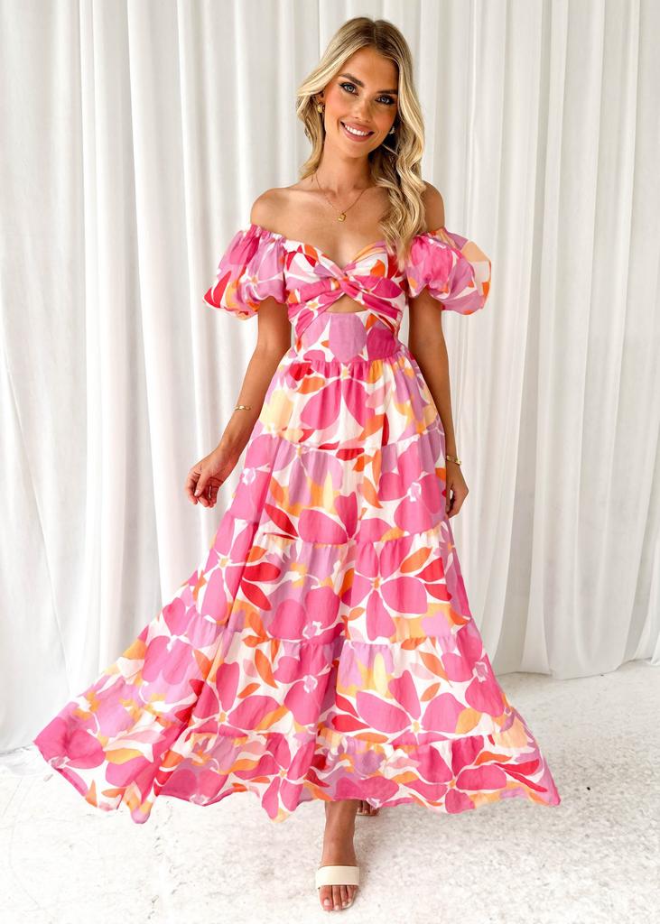 Spring and summer new temperament slim print bubble sleeves big pendulum high-end dress women
