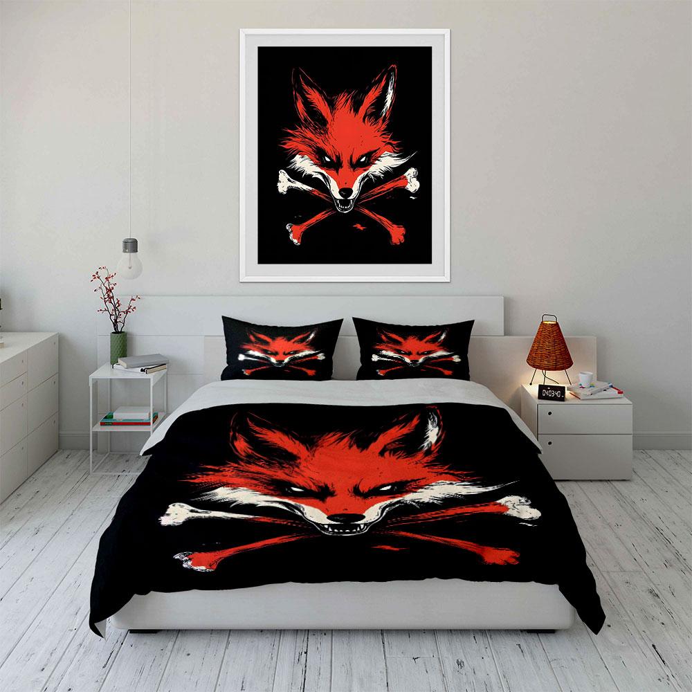 Red Fox With Crossed Bones Print Bedding Set 1 Duvet Cover 2 Pillowcases For Adult And Children Luxury Gift Full Size