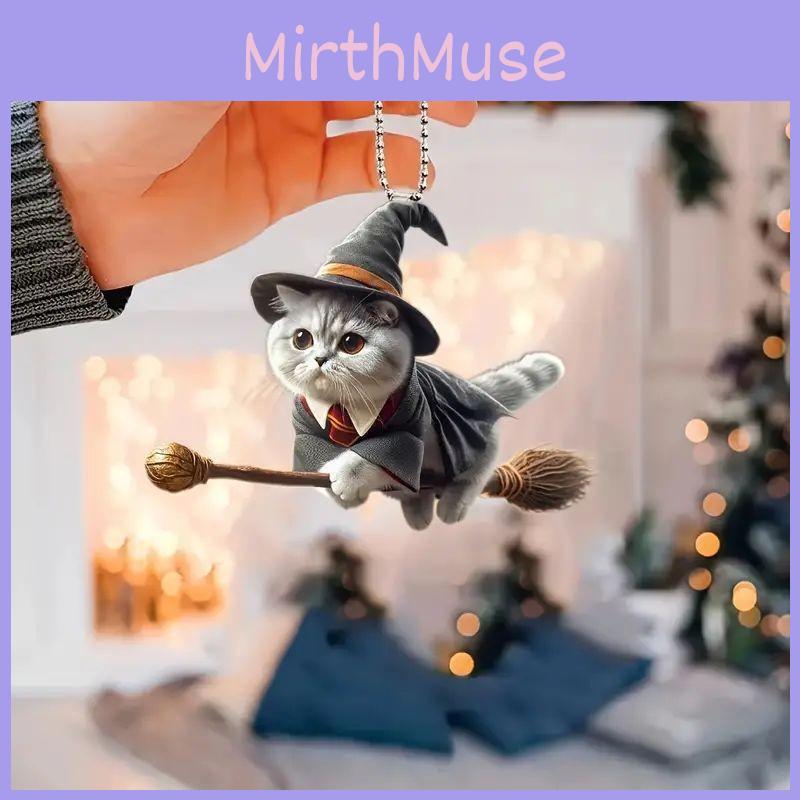 Minimalistischer Acryl-Autoanhänger mit flacher Oberfläche und magischem Katze-auf-Besen-Design zur Dekoration des Autoinnenraums