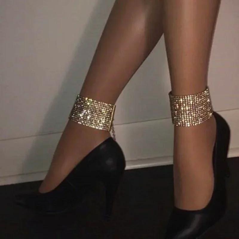 Sexy Wide Anklets Fully Diamond Foot Chain Nightclub Jewelry Dance Summer Beach Barefoot Chain Jewelry for Women