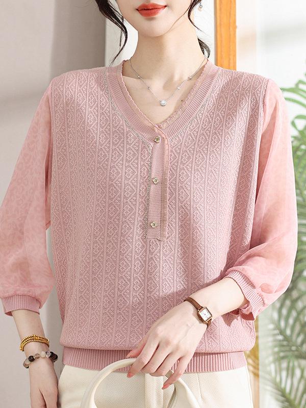 V-Neck Solid Color Knit Sweater T-Shirt for Women - Stylish Spring/Summer Sheer Sleeve Top for Middle-Aged and Elderly