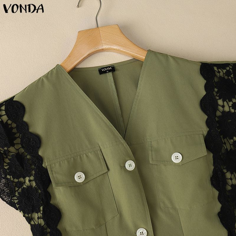 VONDA 2PCS Summer Women Sleeveless Lace Splicing Tank Tops and Shorts Pants Casual Sets