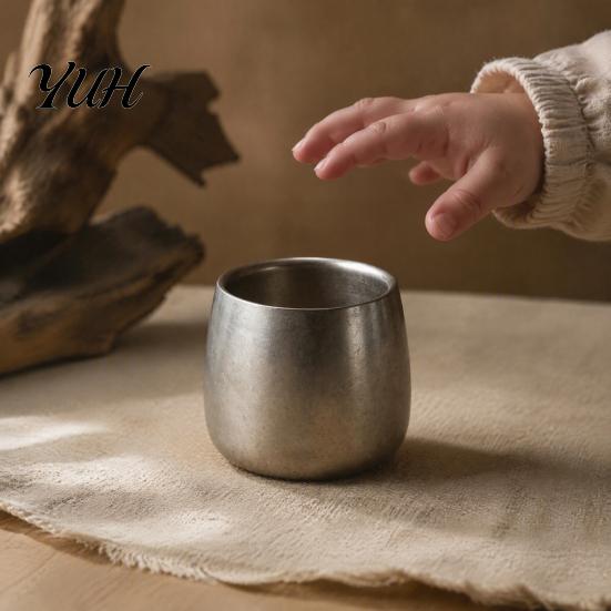 Rustic Style Metal Kitchenware Stainless Steel Cup/Bowl, Industrial Matte Container, Smooth Arc Bowl And Cup Set Shatterproof Non-slip Base Tableware