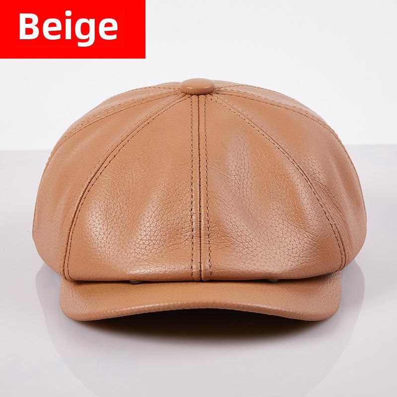 Trendy Korean-Style Cowhide Leather Octagonal Beret for Men - Autumn/Winter