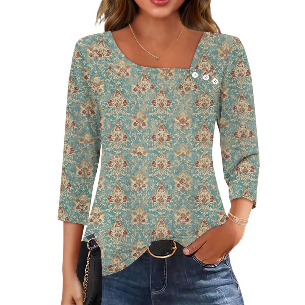 3/4 Sleeve Shirts For Women  Tees Blouses Casual Plus Size Basic Tops Pullover