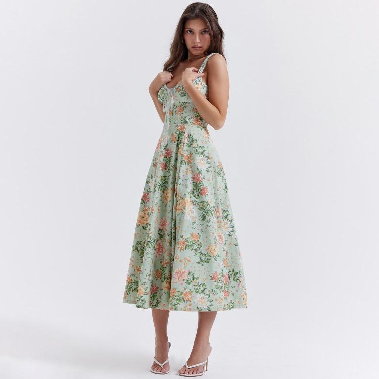 Women Fashion High Waist V Neck Backless Spaghetti Strap Print Ankle Length Trendy Design Dress