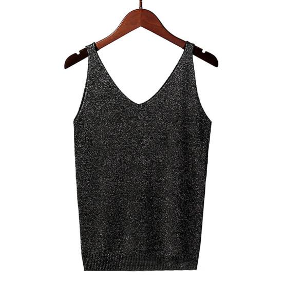 Top Estivi da Donna a Bretelle Scollo a V Senza Maniche Vestibilità Ampia Pullover Top Seta Lucida Brillante Tinta Unita Parte Inferiore Streetwear