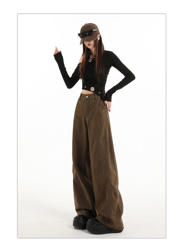 American Retro 2026 High-Waisted Wide-Leg Brown Jeans for Women