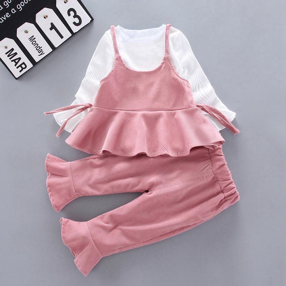 1-4 Years Kids Girls Spaghetti Strap Dress Set Long Sleeve Shirt Pants and Dress 3pcs