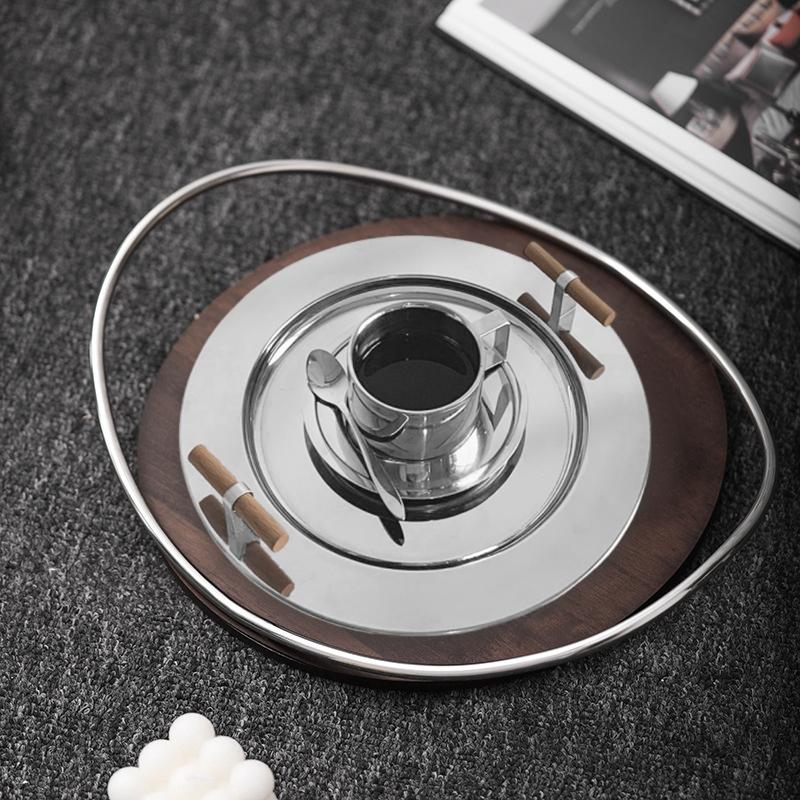 1PC Electroplating Color Decoration Stainless Steel Scandinavian Storage Round Tray Ins Wind Round Tray Wooden Handle