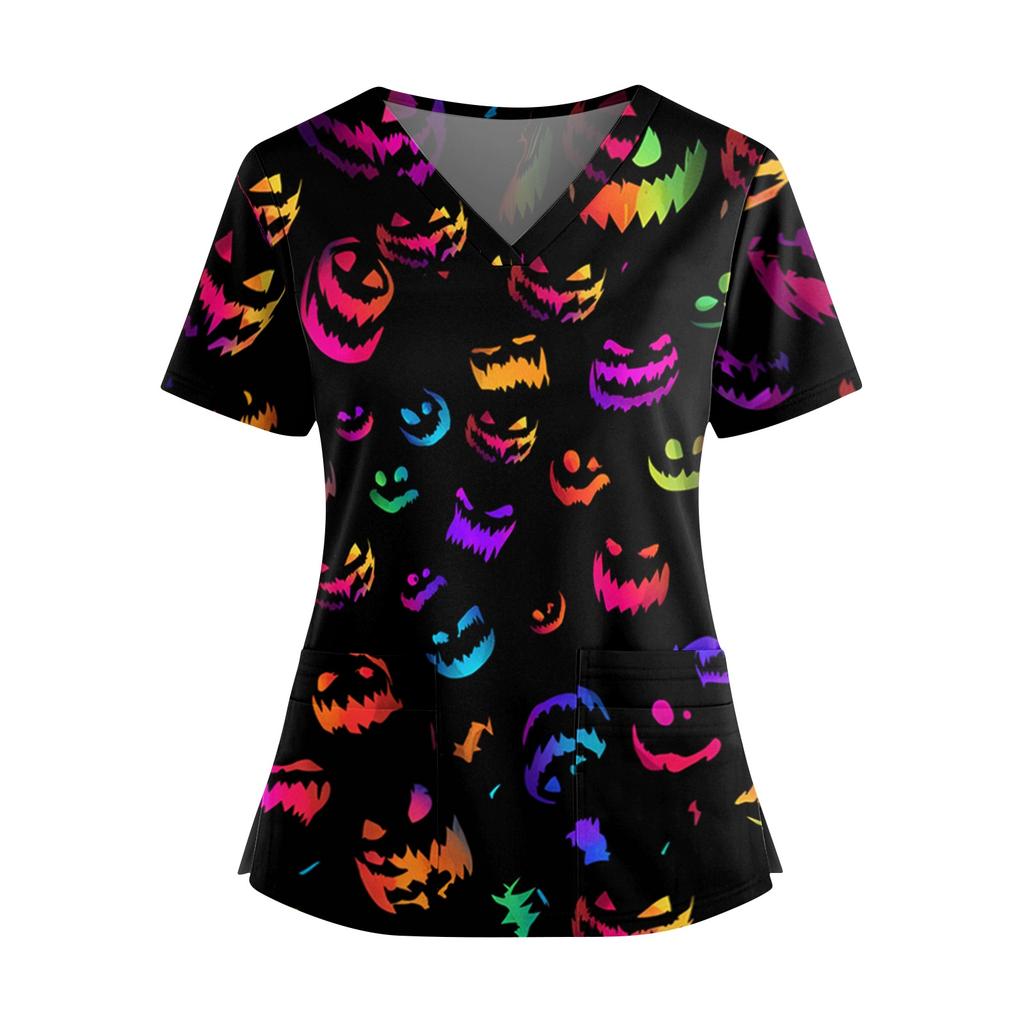 Women’s V Neck Short Sleeve Work Top with Side Slits Pockets and Halloween Print Suitable for Office and Casual Wear