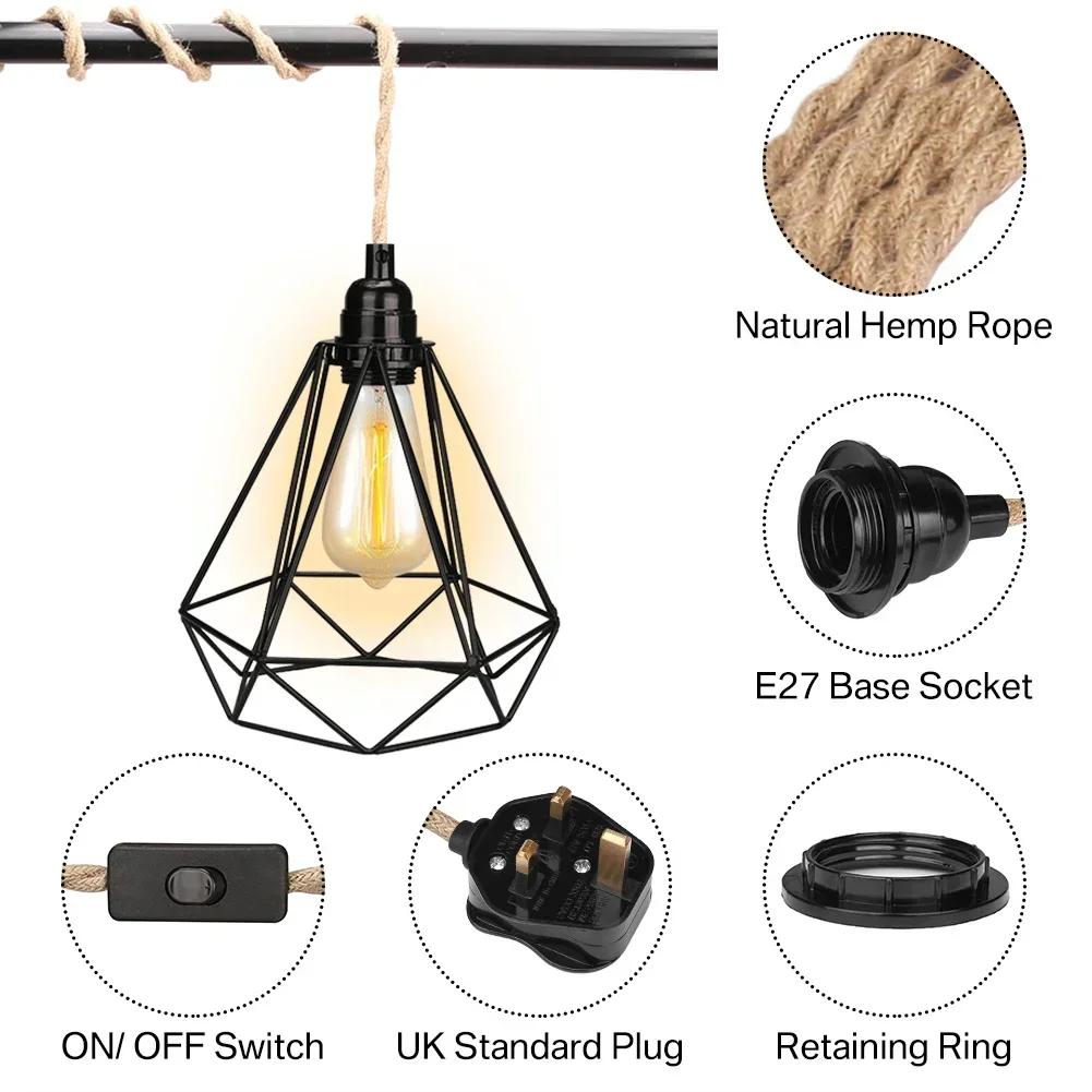 4.5/3.5M Pendant Lights Ceiling Lighting Fitting E27 Lamp Bases Suspended Kit with Plug In Cord Hemp Rope Rustic Hanging Lamps