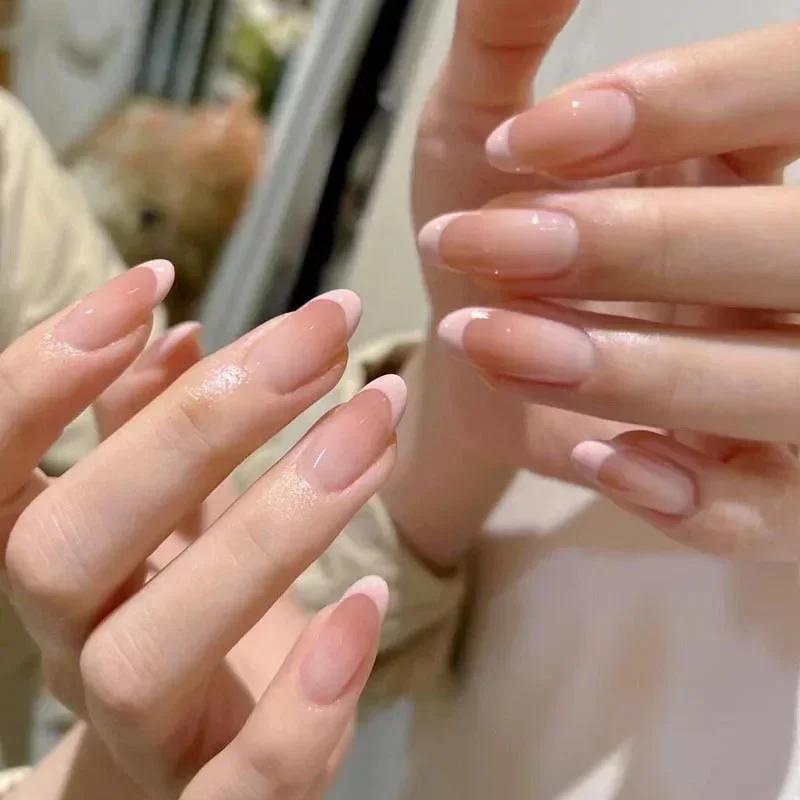 10 Stück Nude Handgemacht Gradient Französisch Mandel Klar Kristall Press-On Nägel Full Cover Falsche Nagelspitzen Maniküre