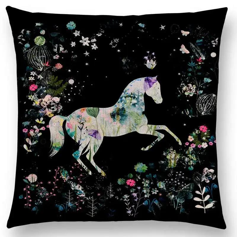 Norrsken Häst Blommor Blad Soffa Kasta Kudde Fodral Träd Blommig Trädgård Magisk Dröm Fantasi Natt Räv Rådjur Enhörning Kuddfodral