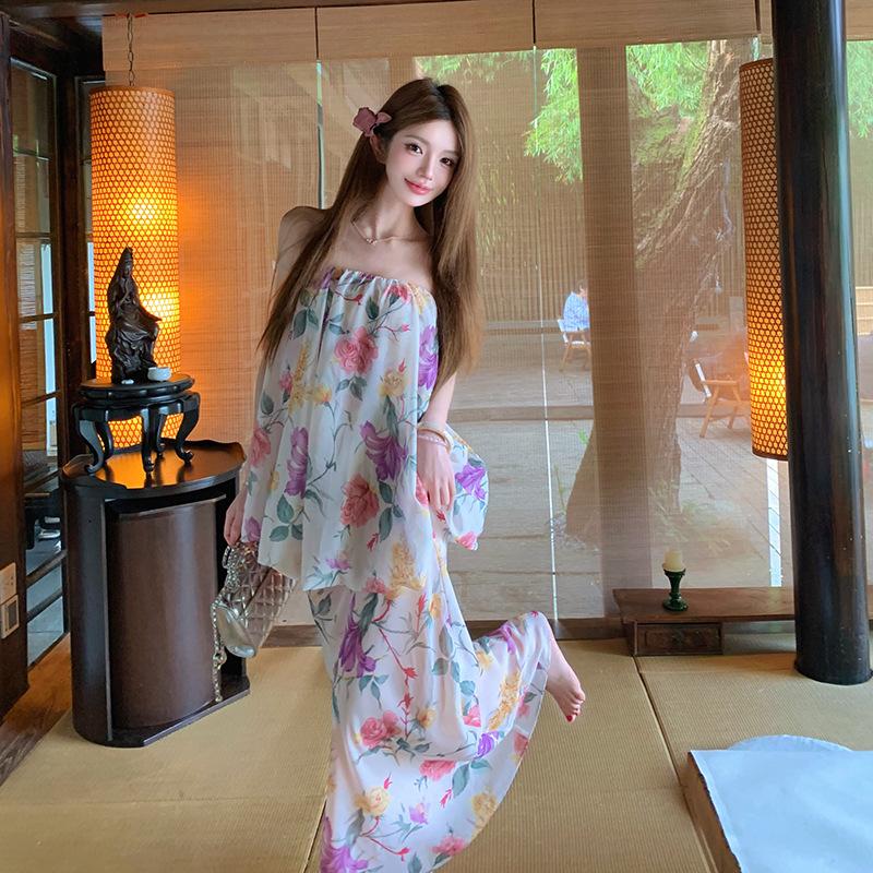 Real Shot Chiffon Retro Floral Tube Top Set Female Summer Gentle Fishtail Skirt Two-piece Dress