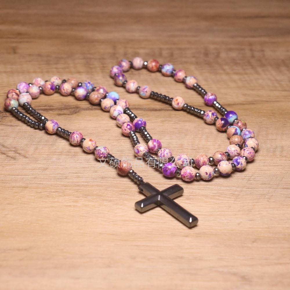 Collier pendentif croix en pierre naturelle, Croix en pierre d'œil de tigre et fer à bille chapelet collier pour homme