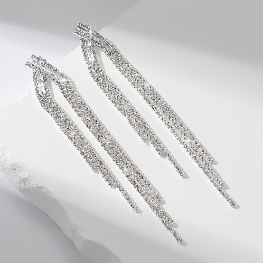 Super Flash Claw Chain Temperament Geometric Diamond-Encrusted Rhinestone Long Fringed Earrings Women'S Exaggerated Banquet Earrings Studs