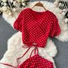 Women Polka Dot Two Piece Set Summer Short Drawstring Tops + High Waist Long Skirt 2pcs Suit Outfits Red Purple Black