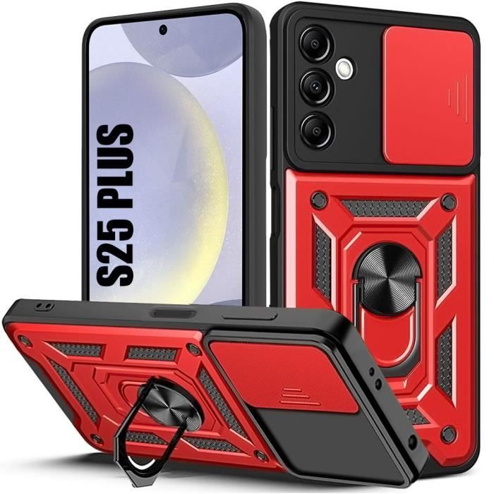 Coque pour samsung galaxy s25 plus (galaxy s25+) rouge bumper antichoc avec 360° bague anneau support