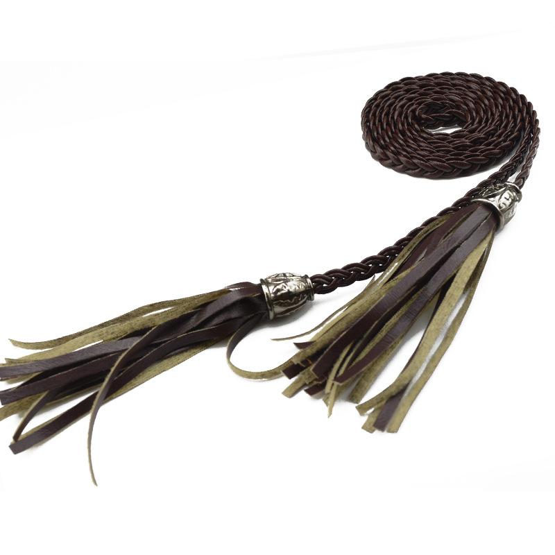Women Girl Weaving Leather Belt Tassel Waistband Female All-match Waist Belt for Dress