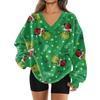 Women's Fashionable V-neck Christmas Printed Long Sleeved Casual Pullover Plush Warm Pocket Sweatshirt Top