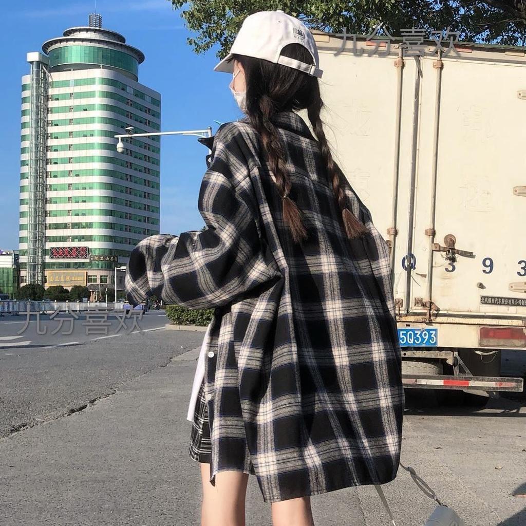 Korean Checkered Shirt Women's Sun Protection Outfit Loose Fitting Long Sleeved Top Student Mid To Long Length Hong Kong Style Jacket Women's