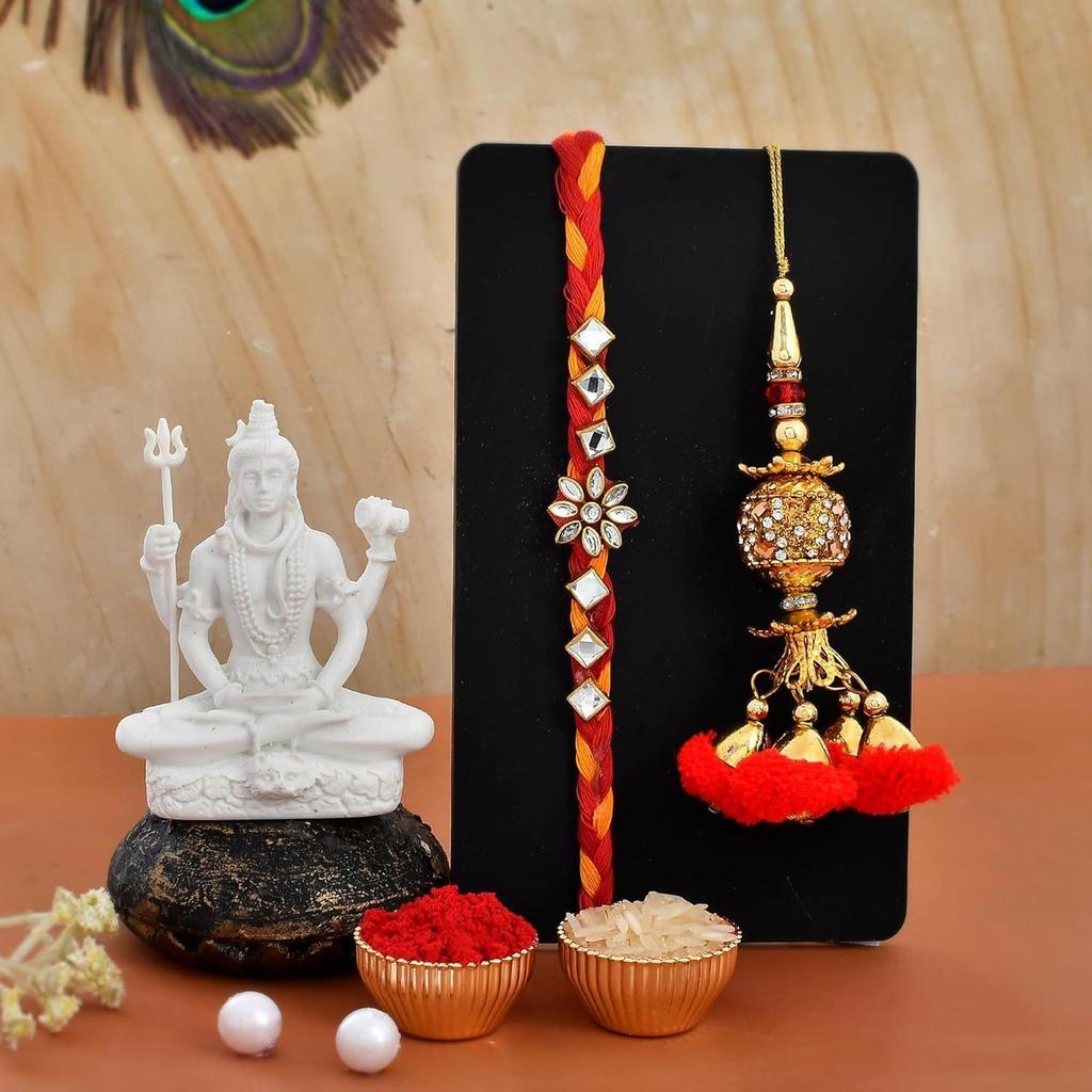 Rakhi for Brother with Shiv Shiva Idol Showpiece-Rakhi Gift for Brother Bhaiya Bhabhi-Combo of 5 ( 1 Shiva Idol, 2 Rakhi, Roli Tikka, Greeting Card)