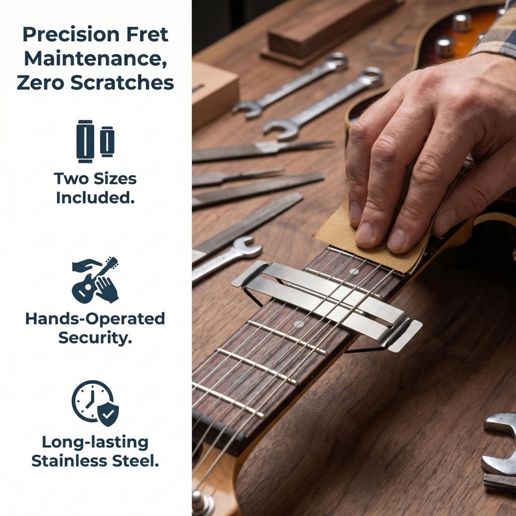 Guitar Fret Polishing Guard Kit–6 Stainless Steel Fingerboard Protectors (3Large&Small)+12 Rubber Bands for Luthier Tool