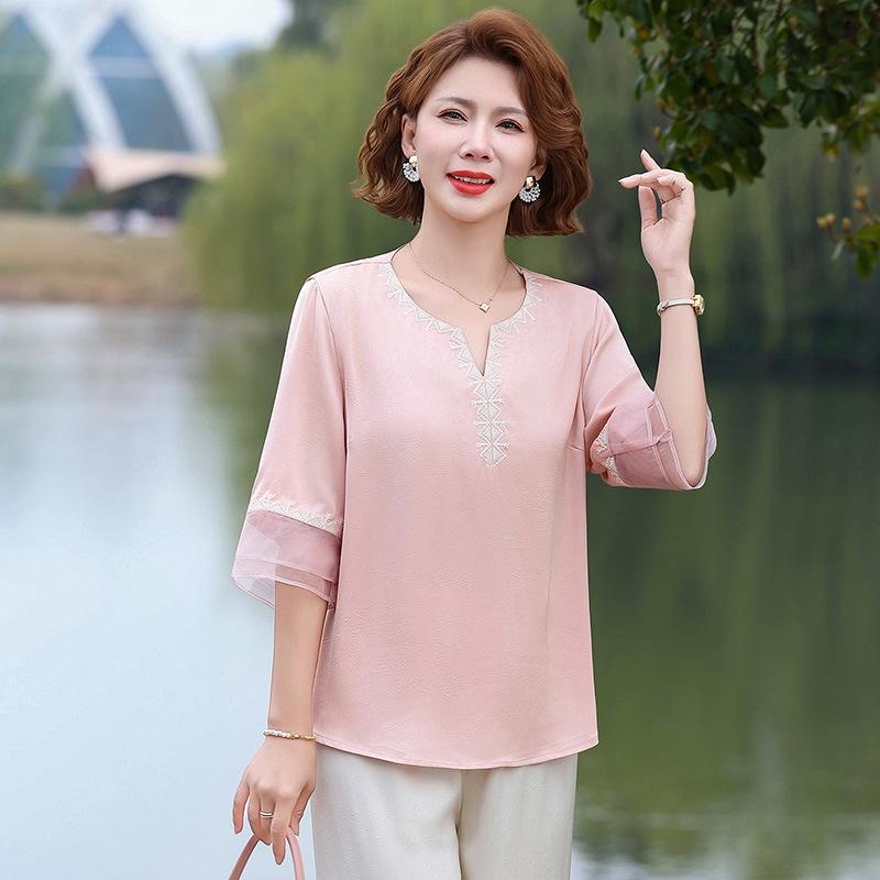Elegante Camiseta de Verano que Cubre el Vientre y Adelgaza para Mujeres de Mediana Edad y Mayores