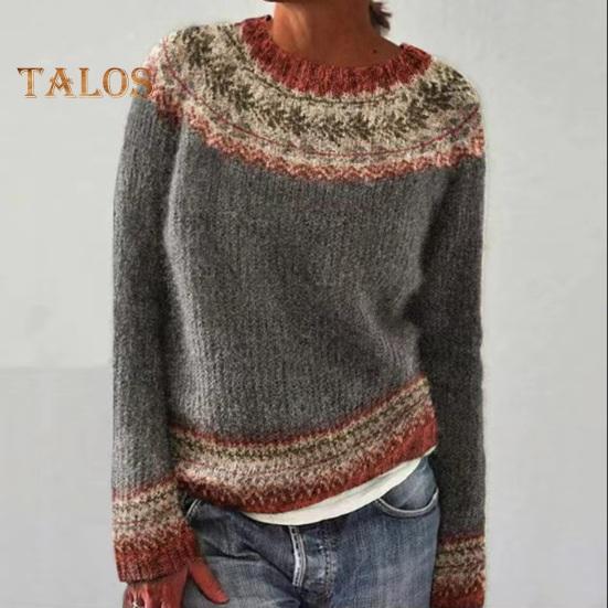 Pullover für Damen, Rundhalsausschnitt, Langarm, Patchwork, farbige Strickoberteile, lockere Passform, elastische, warme Strickwaren für den Alltag